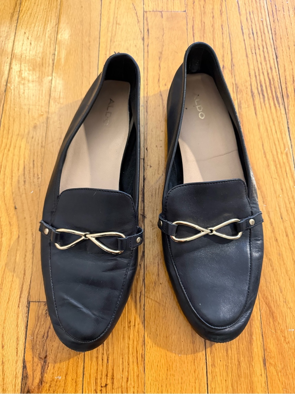 Aldo Black Leather Slip-On Loafers with Gold Twist Accent